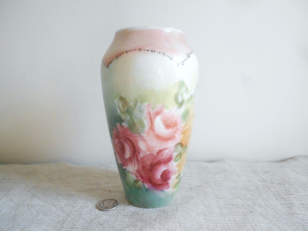 SALE Antique Hand Painted Roses Bud Vase 5.5 Porcelain Etsy