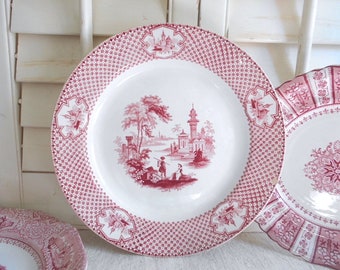 Antique red transferware plate ironstone 10.5" 1850s CYRENE W. Adams & Sons