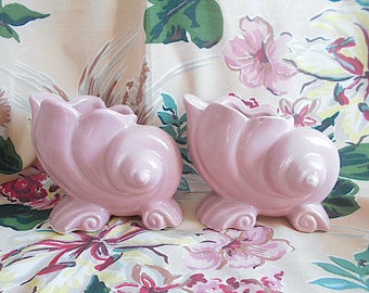 Pair Vintage 40s mauve pink shell planter vases