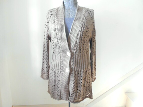 Vintage 90s Linen Cotton Cardigan Eddie Bauer Lace Crochet Knit