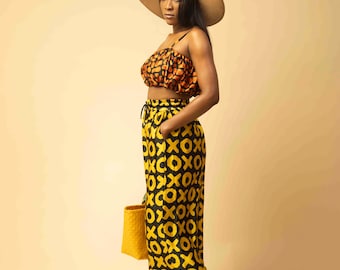 African Print Palazzo Pants Set: Silk Crop Top, Wide Leg - Dera Fashion
