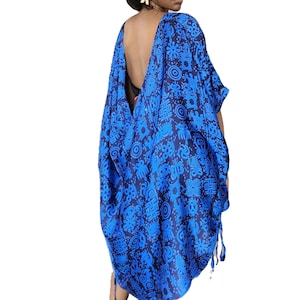 Blue African Print Kaftan Dress: Draped Silk Look Resort Wear