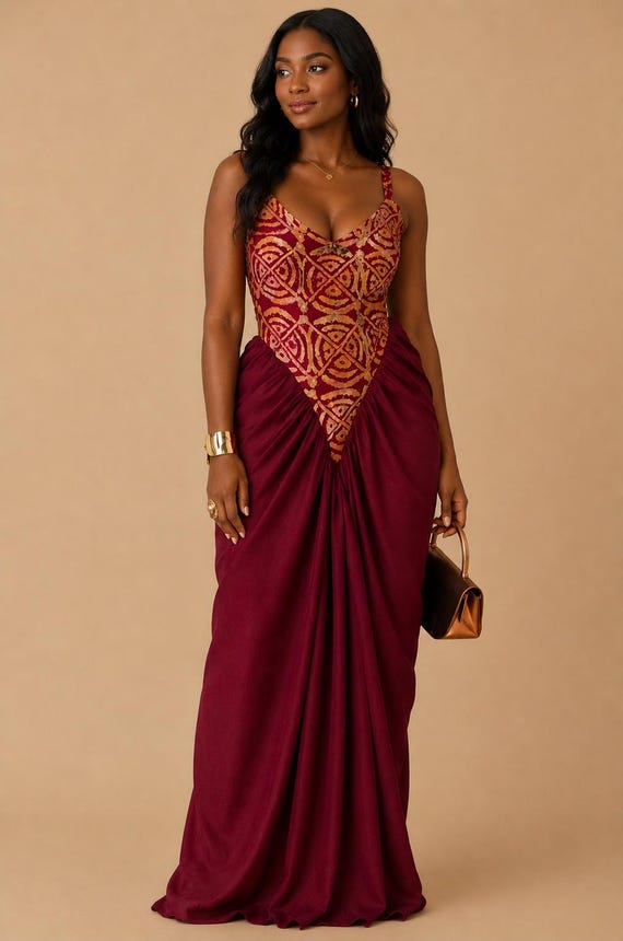 wine colored formal dress Burgundy African Print Maxi Dress, Draped Bodice, Elegant Gown, wedding guest and special occasions