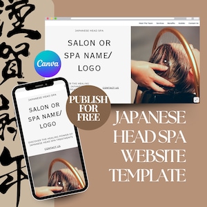 Könnte beinhalten: Ein Mockup einer Website-Vorlage für ein japanisches Kopf-Spa-Unternehmen. Die Vorlage verfügt über einen braunen Hintergrund mit einem goldenen Kreis und dem Text "Japanische Kopf-Spa-Website-Vorlage" in großen weißen Buchstaben. Die Vorlage enthält auch ein kleineres Bild eines Telefonbildschirms, auf dem eine Website für ein japanisches Kopf-Spa angezeigt wird, mit dem Text "Salon oder Spa-Name/Logo" und "Entdecken Sie die heilende Kraft von japanischen Kopf-Spa-Behandlungen".