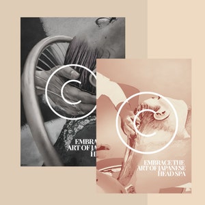 May include: Two images of a person receiving a head spa treatment. The first image is in black and white and shows the person's hair being washed. The second image is in color and shows the person's hair being massaged. Both images have the text "Embrace the art of Japanese Head Spa" on them.