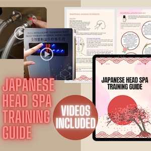 May include: A digital tablet displaying a Japanese head spa training guide with a red and white cherry blossom design. The guide includes videos and traditional massage techniques. The text on the tablet reads "Japanese Head Spa Training Guide".