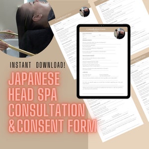 May include: A digital download of a Japanese head spa consultation and consent form. The form is on a tablet screen and includes questions about medical history, hair and scalp health, lifestyle, and preferences. The form is designed to help clients and spa professionals communicate effectively.