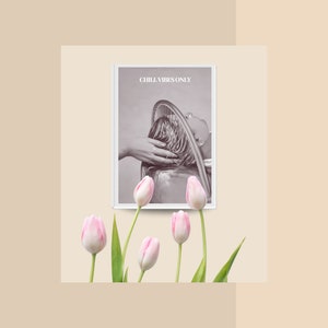 May include: A framed print with the text "Chill Vibes Only" and a black and white photo of a person getting their hair washed in a salon chair.