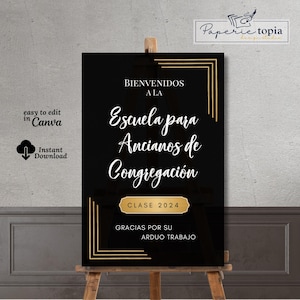 JW Escuela Ancianos Signo de Bienvenida Negro & Oro, JW Elders School Signo de Bienvenida Personalizable, Imprimible Bienvenidos Escuela de Ancianos Signo