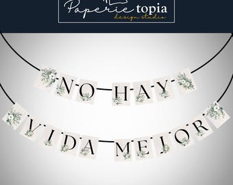Banner com a frase "JW No Hay Vida Mejor" e tema de folhagem | Letras para banner imprimíveis para festa de precursores das Testemunhas de Jeová