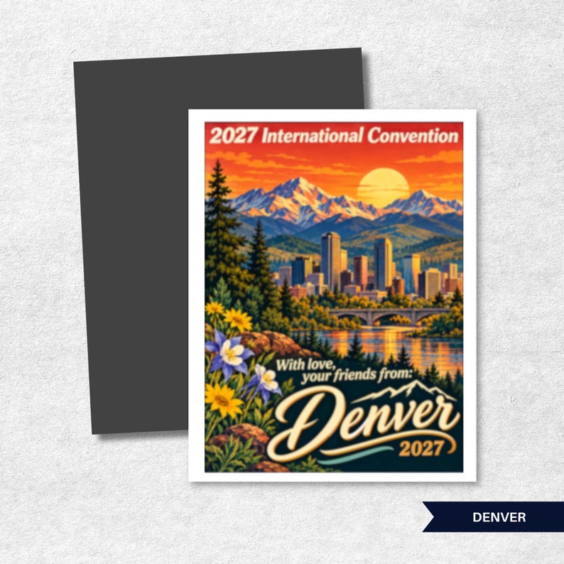 Puede incluir: Un im&aacute;n rectangular con una colorida ilustraci&oacute;n del horizonte de Denver al atardecer con monta&ntilde;as nevadas, pinos y flores amarillas y azules. El texto dice 2027 International Convention, With love, your friends from: Denver 2027.