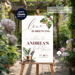 Welcome Sign Coffee Bridal Shower, Love is Brewing Printable Cafe Bridal Shower Party Sign, Editable Bridal Coffee & Greenery Canva Template