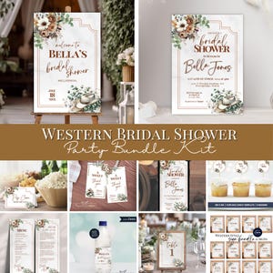 Bundel westerse bruidsdouche, rustieke landelijke uitnodigingsbundel, westerse elegante bruidsfeest bewerkbare bundel, uitnodigingen, cadeaukaartjes, menukaarten
