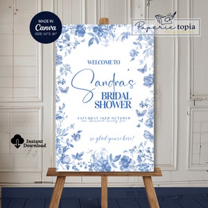 Blue Floral Bridal Shower Welcome Sign: Toile de Jouy Canva Template (Digital Download)