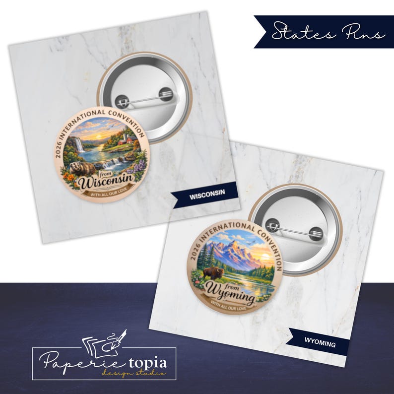 May include: Two circular pin-back buttons featuring landscape illustrations. One button displays a Wisconsin scene with a waterfall and text reading 2026 INTERNATIONAL CONVENTION from WISCONSIN WITH ALL OUR LOVE. The other shows a Wyoming mountain landscape with a bison and text reading 2026 INTERNATIONAL CONVENTION from WYOMING WITH ALL OUR LOVE.