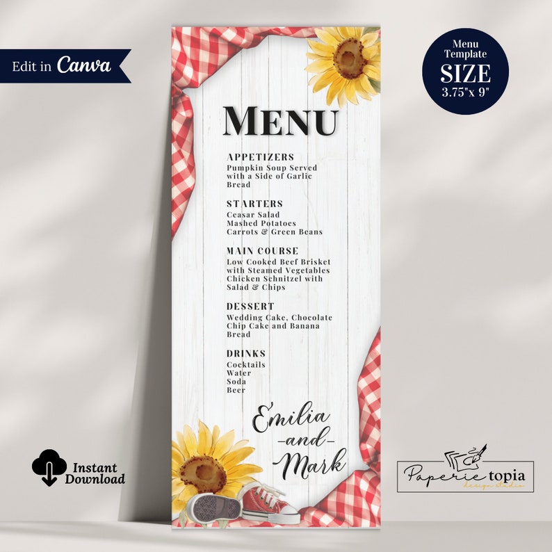 Babyq BBQ Menu Card Template: Gingham & Sunflower (digital Download) - Etsy