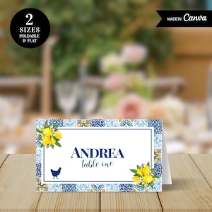 Amalfi Coast Party Place Card Food Option Template, Mediterranean Guest Place Card With Meal Icon, Coastal Place Cards Canva Template