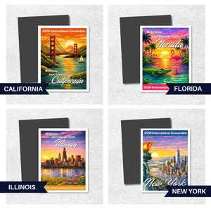 Pode incluir: Quatro &iacute;m&atilde;s retangulares com ilustra&ccedil;&otilde;es tem&aacute;ticas de estados. A Calif&oacute;rnia mostra a Golden Gate Bridge, a Fl&oacute;rida tem um flamingo e um jacar&eacute;, Illinois retrata uma paisagem urbana e Nova York apresenta a Est&aacute;tua da Liberdade e um horizonte.