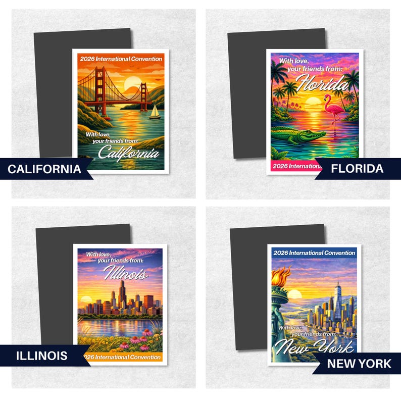Pode incluir: Quatro &iacute;m&atilde;s retangulares com ilustra&ccedil;&otilde;es tem&aacute;ticas de estados. A Calif&oacute;rnia mostra a Golden Gate Bridge, a Fl&oacute;rida tem um flamingo e um jacar&eacute;, Illinois retrata uma paisagem urbana e Nova York apresenta a Est&aacute;tua da Liberdade e um horizonte.