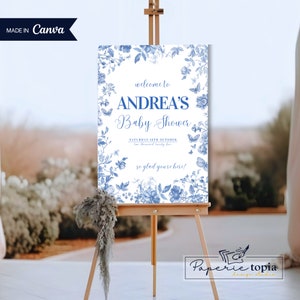 Toile de Jouy Baby Shower Welcome Sign: Blue Floral Chinoiserie (Digital Template)