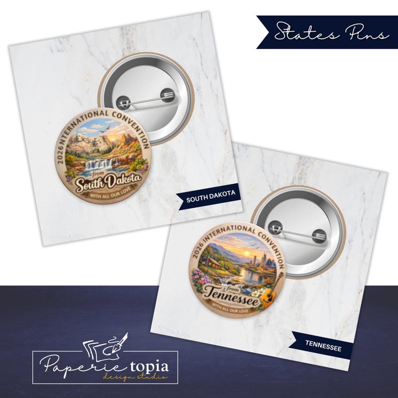 May include: Two round pin-back buttons featuring colorful landscape illustrations. One pin displays a South Dakota mountain scene with text reading 2026 INTERNATIONAL CONVENTION from South Dakota WITH ALL OUR LOVE. The other shows a Tennessee river scene with an acoustic guitar and text reading 2026 INTERNATIONAL CONVENTION from Tennessee WITH ALL OUR LOVE.