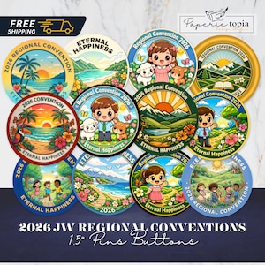 May include: A collection of round 1.5-inch buttons featuring colorful illustrations of landscapes, children, and animals. Each button includes the text 2026 Regional Convention and Eternal Happiness, showcasing various scenes like beaches, mountains, and parks.