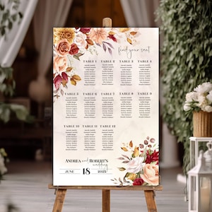 Boho bruiloft zitplaatsen grafiek, herfst bruiloft borden, herfst zitplaatsen grafieksjabloon, bloemen zitplaatsen grafiek bruiloft, oogst zitplaatsen grafiek bruiloft