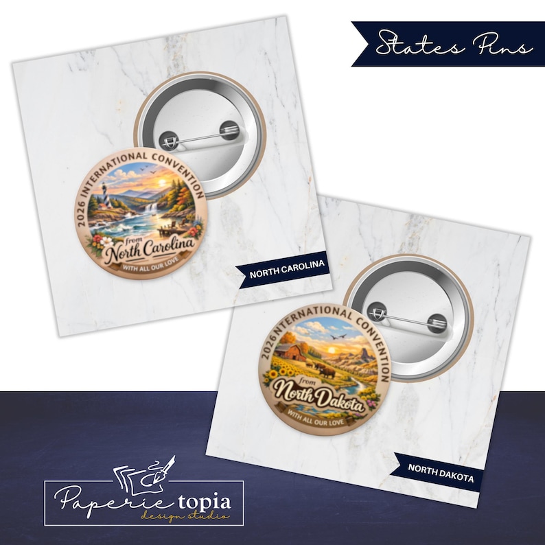 May include: Two circular pin-back buttons featuring landscape illustrations. One depicts a North Carolina coastal scene with a lighthouse and waterfall, the other a North Dakota rural landscape with bison. Both include the text 2026 INTERNATIONAL CONVENTION from NORTH DAKOTA or NORTH CAROLINA WITH ALL OUR LOVE.