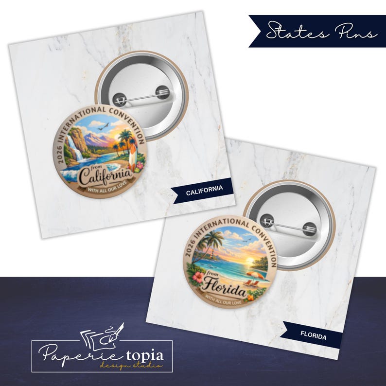 May include: Two round pin-back buttons featuring colorful illustrations of California and Florida. Each pin displays the text 2026 INTERNATIONAL CONVENTION, the state name, and WITH ALL OUR LOVE. The pins show metal backs with safety pin closures.