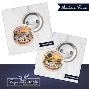 May include: Two round pin-back buttons featuring illustrations of Rhode Island and South Carolina. The Rhode Island pin shows a lighthouse and flowers, while the South Carolina pin depicts a coastal sunset scene with palm trees and flowers.