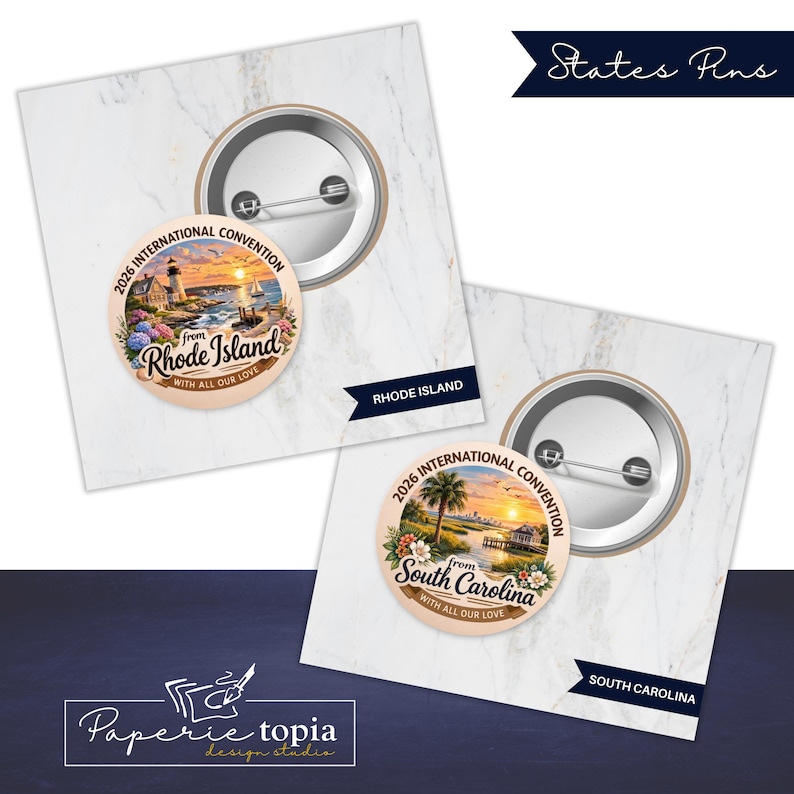 May include: Two round pin-back buttons featuring illustrations of Rhode Island and South Carolina. The Rhode Island pin shows a lighthouse and flowers, while the South Carolina pin depicts a coastal sunset scene with palm trees and flowers.