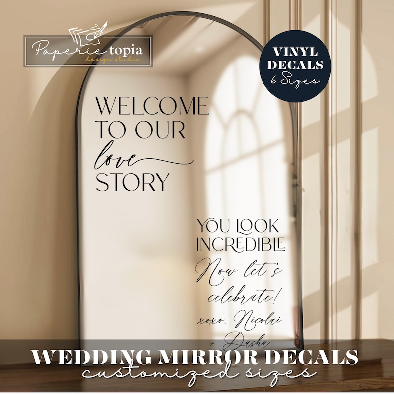 (Bridal Shower) Wedding Mirror Decal Love Story, Wedding Sign Decal Mirror Lettering, Welcome Wedding Decal for Mirror, Wedding Reception Vinyl Sticker -35