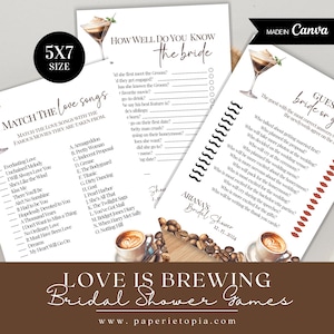 Paquete de juegos para despedida de soltera Love is Brewing, paquete de juegos para fiestas con temática de café, juegos para despedida de soltera, juegos para fiestas imprimibles, bingo, juego de palabras