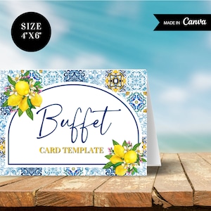 Amalfi coast Theme Buffet Card Template, Printable Mediterranean Food Table Card, Coastal Food Card, Lemons Tiles Table Decor Canva Template
