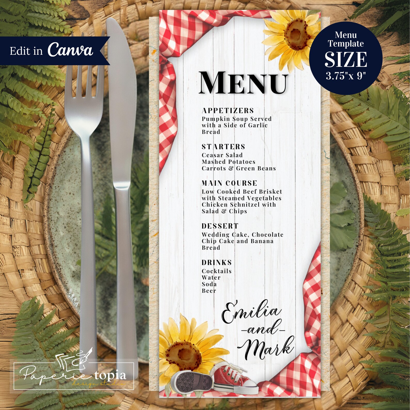 Babyq BBQ Menu Card Template: Gingham & Sunflower (digital Download) - Etsy