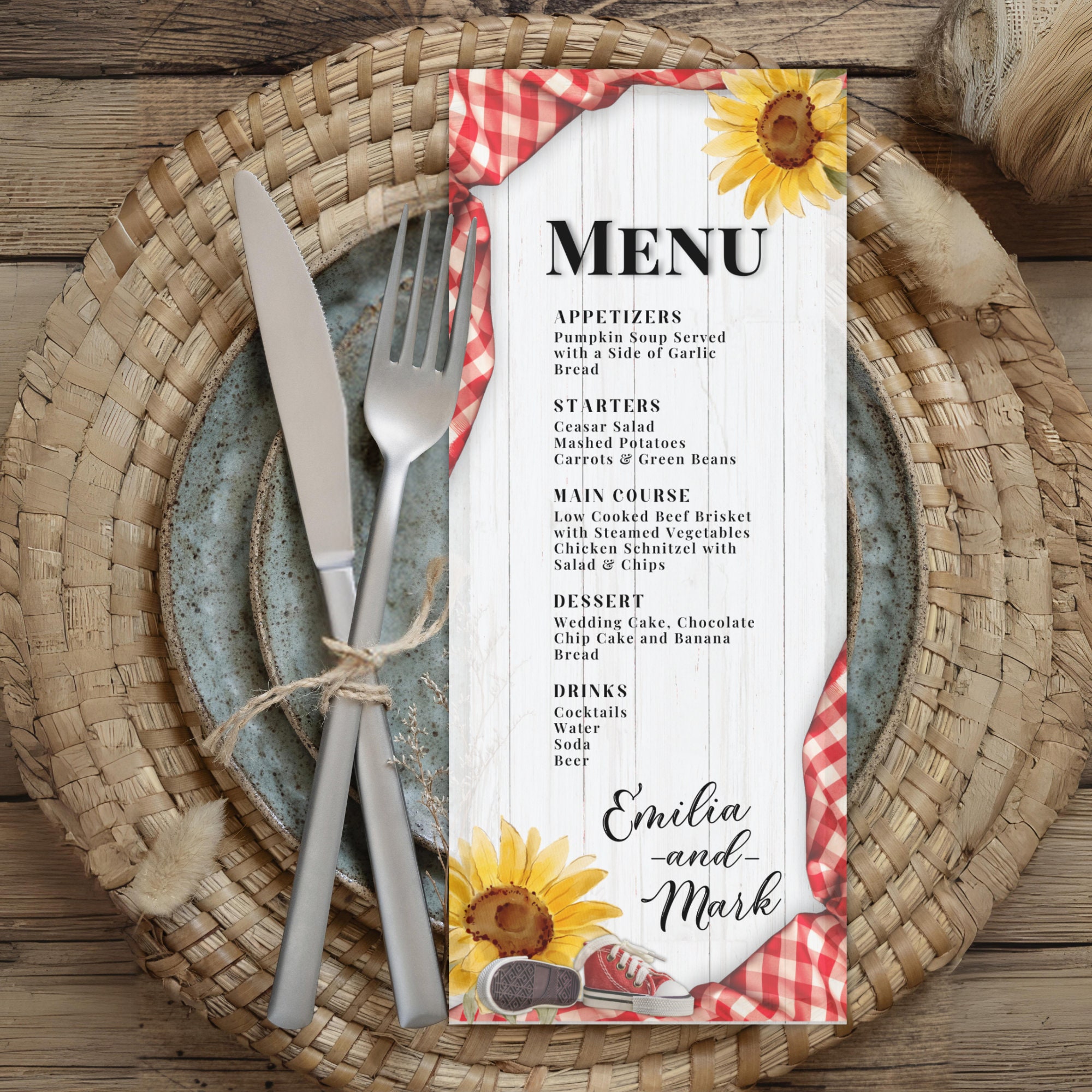 Babyq BBQ Menu Card Template: Gingham & Sunflower (digital Download) - Etsy