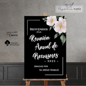 Letrero de bienvenida a la Reunión de Precursores, flor blanca, letrero de bienvenida a la Reunión Anual de Pioneros de los JW, editable, imprimible, Reunión Anual de Precursores