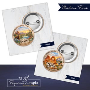 May include: Two round pin-back buttons featuring illustrations of Texas and Utah landscapes. The Texas pin shows a longhorn, river, and flowers with text reading 2026 INTERNATIONAL CONVENTION from Texas WITH ALL OUR LOVE. The Utah pin shows a rock arch.