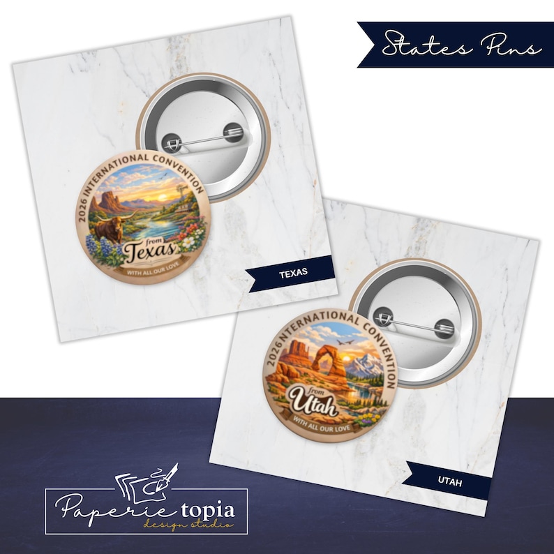 May include: Two round pin-back buttons featuring illustrations of Texas and Utah landscapes. The Texas pin shows a longhorn, river, and flowers with text reading 2026 INTERNATIONAL CONVENTION from Texas WITH ALL OUR LOVE. The Utah pin shows a rock arch.