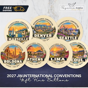 May include: A collection of seven circular buttons featuring colorful illustrations of international cities including Marseille, Denver, Seattle, Bologna, Athens, Lima, and Seoul. Each button displays the text International Convention 2027.