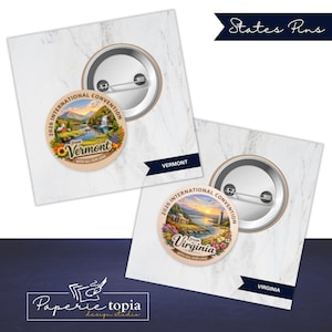 May include: Two round pin-back buttons featuring illustrations of Vermont and Virginia. The Vermont pin shows a landscape with a waterfall and mountains, while the Virginia pin depicts a coastal scene with a lighthouse. Both include the text 2026 INTERNATIONAL CONVENTION and WITH ALL OUR LOVE.