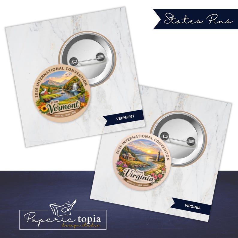 May include: Two round pin-back buttons featuring illustrations of Vermont and Virginia. The Vermont pin shows a landscape with a waterfall and mountains, while the Virginia pin depicts a coastal scene with a lighthouse. Both include the text 2026 INTERNATIONAL CONVENTION and WITH ALL OUR LOVE.