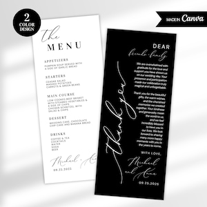 Menu imprimable et carte de remerciement, modèle de menu moderne, carte de menu de mariage, modèle de menu de dîner noir et blanc, modèle de carte de remerciement