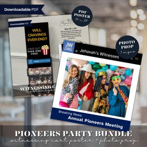JW Pionier Photo Prop Bundle PDF, JW Breaking News Photo Prop, Witnessing Cart Poster Will Cravings Ever End Free Popcorn, Pionier zum Ausdrucken