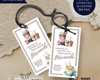 May include: Printable tags with a coffee cup and the text "Mantén tu espíritu de precursor Hirviendo" in brown lettering. The tags are designed for a precursor meeting or event in 2024.