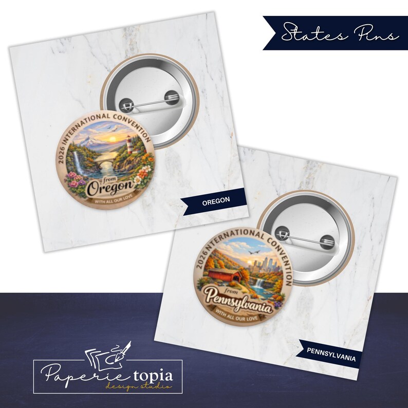 May include: Two round pin-back buttons featuring colorful landscape illustrations. One button displays a lighthouse, waterfall, and the text 2026 INTERNATIONAL CONVENTION from Oregon WITH ALL OUR LOVE. The other shows a covered bridge and Pennsylvania.
