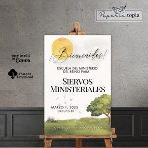 Cartel de bienvenida de JW Escuela Ministeriales, Cartel de bienvenida de JW Ministerial Servants School en español, Plantilla Canva de Bienvenidos Siervos Ministeriales