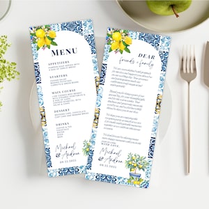 Menu śródziemnomorskie i karta z podziękowaniami, szablon karty przybrzeżnej, karta menu weselnego do wydrukowania, szablon karty z podziękowaniami na wybrzeżu Amalfi Canva