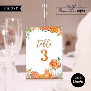 Plantilla de tarjeta de número de mesa temática de Aperol Spritz, tarjeta de mesa de cítricos imprimible, número de mesa de Spritz, en la primera plantilla de Canva de decoración de mesa de Spritz