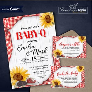 Sjabloon baby-Q-doucheuitnodiging, gemengde genderneutrale Baby-Q-uitnodiging, afdrukbare luierloterijkaart barbecue-thema, barbecueboekverzoekkaart